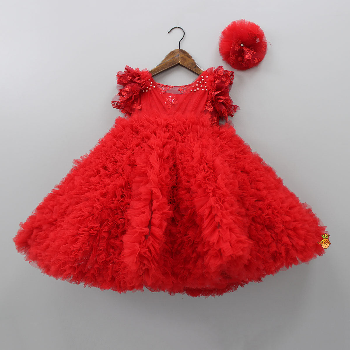 Pre Order: Vibrant Red Yoke Embroidered Frilly Gown With Hair Clip