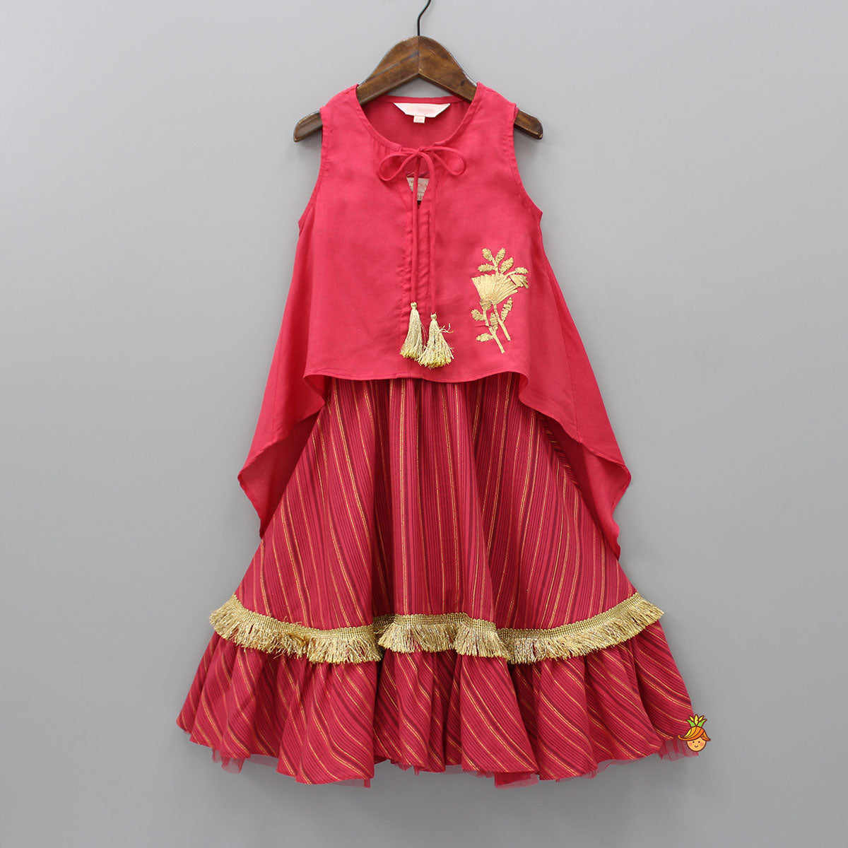 Elegant Crimson Red Flared Kurti With Gota Work Cape