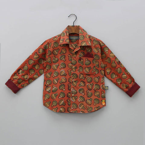 Hand Block Printed Collar Neck Red Ochre Shirt