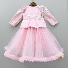 Pre Order: Ruffle Hem Stylish Blush Pink Dress With Floral Embroidered Jacket