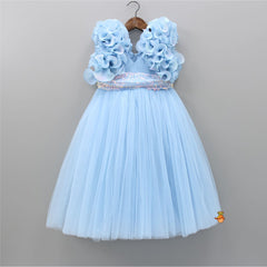 Pre Order: V Neck Ruffles Enhanced Powder Blue Gown With Hair Clip