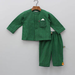 Contrasting Pocket Square Detail Dark Green Short Kurta And Pyjama