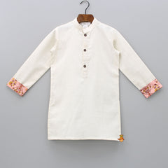 Pre Order: Off White Kurta With Printed Peach Pocket Detail Jacket and Pyjama
