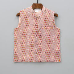 Pre Order: Off White Kurta With Printed Peach Pocket Detail Jacket and Pyjama