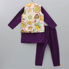 Pre Order: Purple Kurta With Pocket Detail Floral Printed Light Pink Jacket And Pyjama