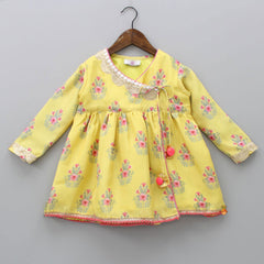 Pre Order: Floral Printed Angarkha Style Yellow Kurti And Sharara With Pom Pom Lace Detail Coral Pink Dupatta