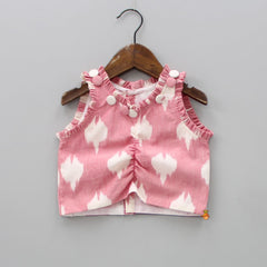 Pre Order: Ikkat Printed Cotton Baby Pink Top With Notch Collar Jacket And Knot Detail Pant