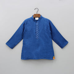 Pre Order: Silk Embroidered Front Placket Cobalt Blue Kurta With Sleeveless Open Jacket And Pyjama