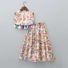 Pre Order: Fringes Detail Round Neck Multicolour Top And Flared Palazzo