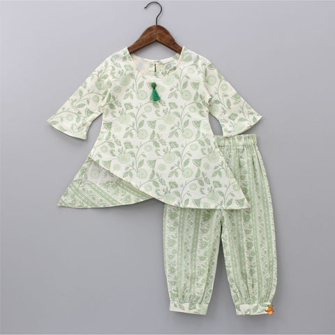 Fringes Detail Stylish Hem Printed Mehendi Green Kurti With Balloon Pant