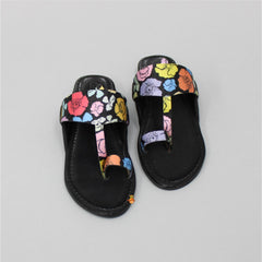 Black Faux Leather Floral Printed Kolhapuri Flats