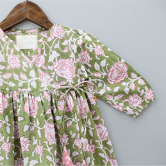 Hand Block Floral Printed Mehendi Green Knot Detail Dress