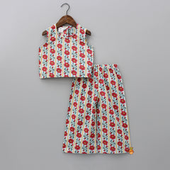 Pre Order: Floral Powder Blue Top With Tie Up Long Jacket And Palazzo