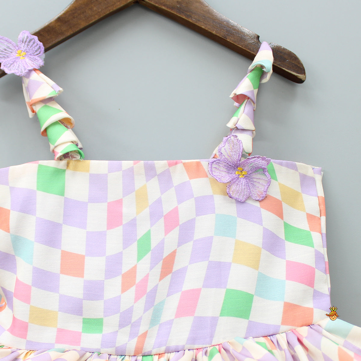 Multicolour Checks Layered Dress With Heart Shaped Sling Bag
