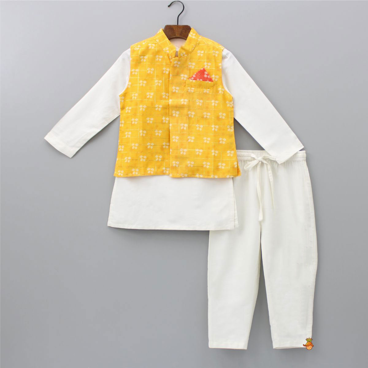 Ethnic Kurta With Contrasting Pocket Square Vibrant Yellow Jacket And Off White Pyjama