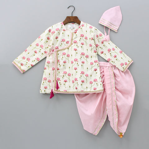 Pre Order: Cream Tie Up Angarkha Kurta And Dhoti With Baby Pink Mukut