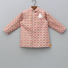 Pre Order: Peach Embroidered Sherwani With Off White Pyjama