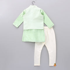 Pre Order: Green Kurta With Lotus Embroidered Open Jacket And Off White Churidar