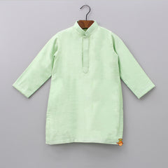 Pre Order: Green Kurta With Lotus Embroidered Open Jacket And Off White Churidar