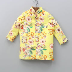 Pre Order: Yellow Mandarin Collar Floral Sherwani And Off White Churidar