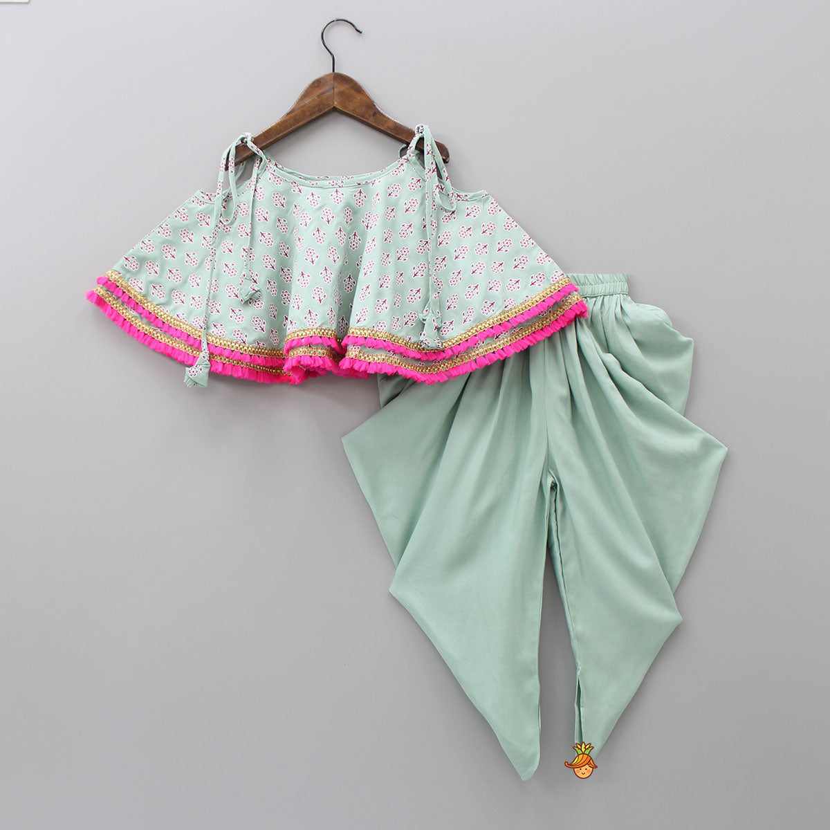 Green Fringes Lace Detail Flared Top And Pleated Dhoti With Matching Sling Bag