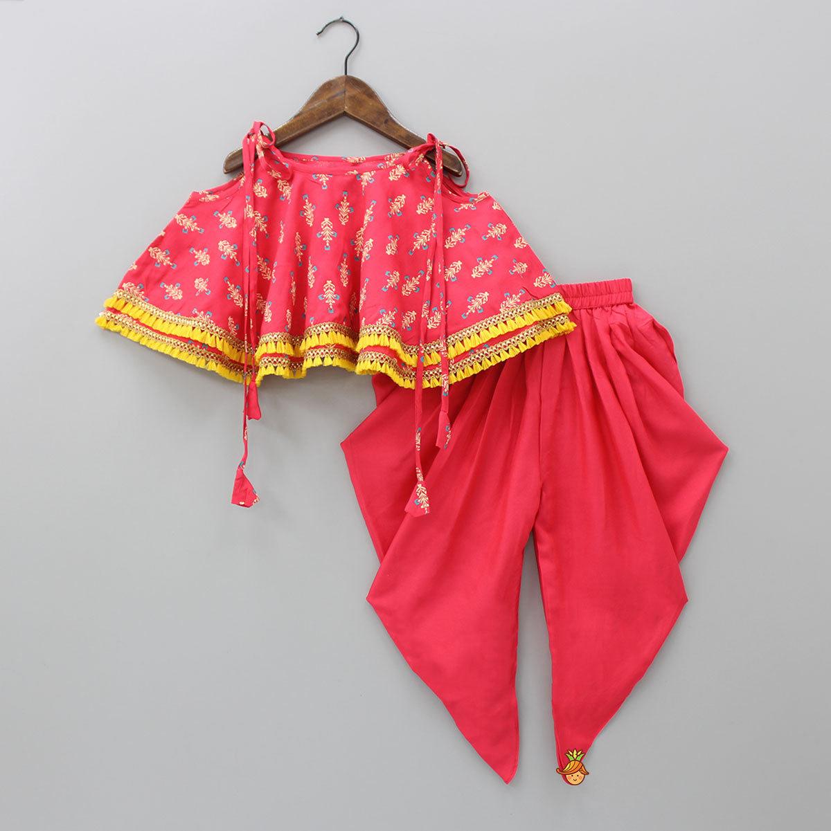 Red Fringes Lace Detail Flared Top And Pleated Dhoti With Matching Sling Bag