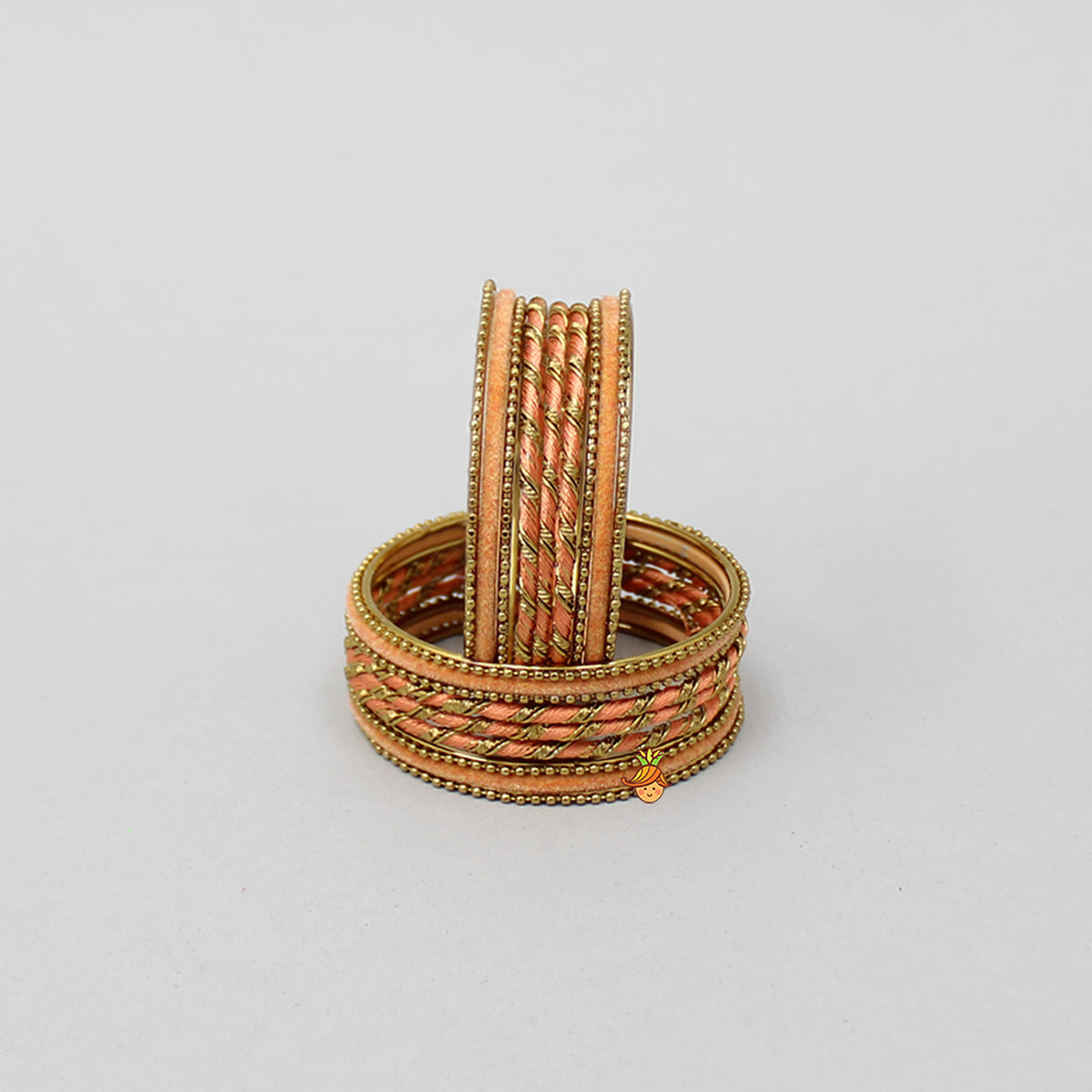 Peach Thread Work Velvet Bangles - Set Of 18