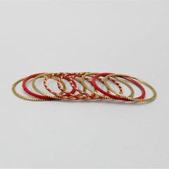 Red Thread Work Velvet Bangles - Set Of 18