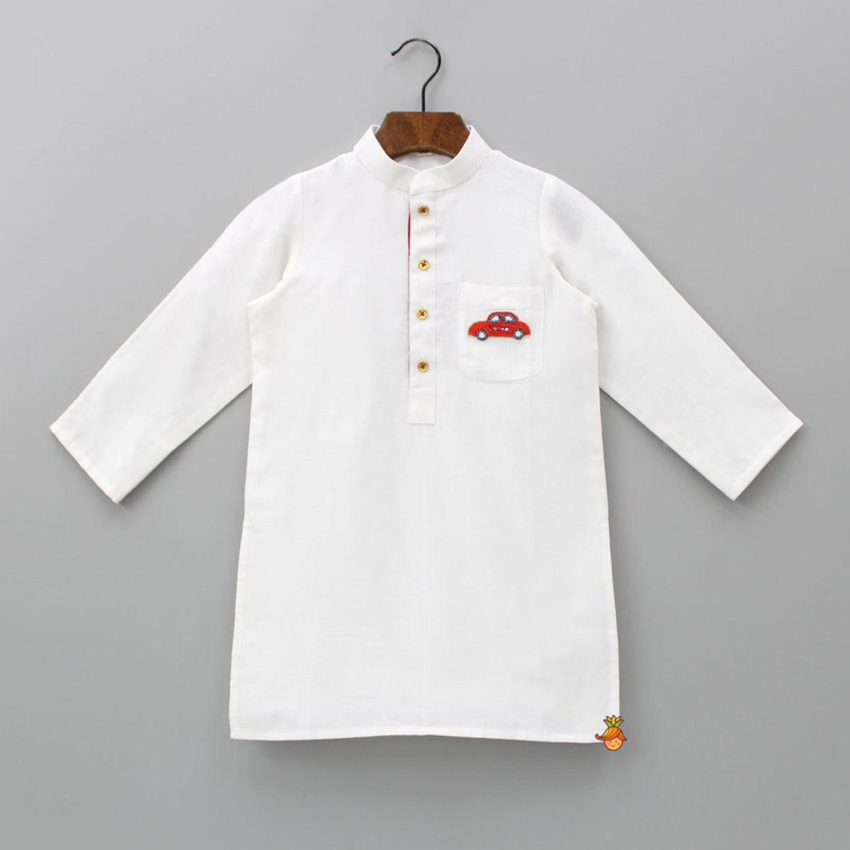 Pre Order: Car Embroidered Patch Pocket Detail White Kurta