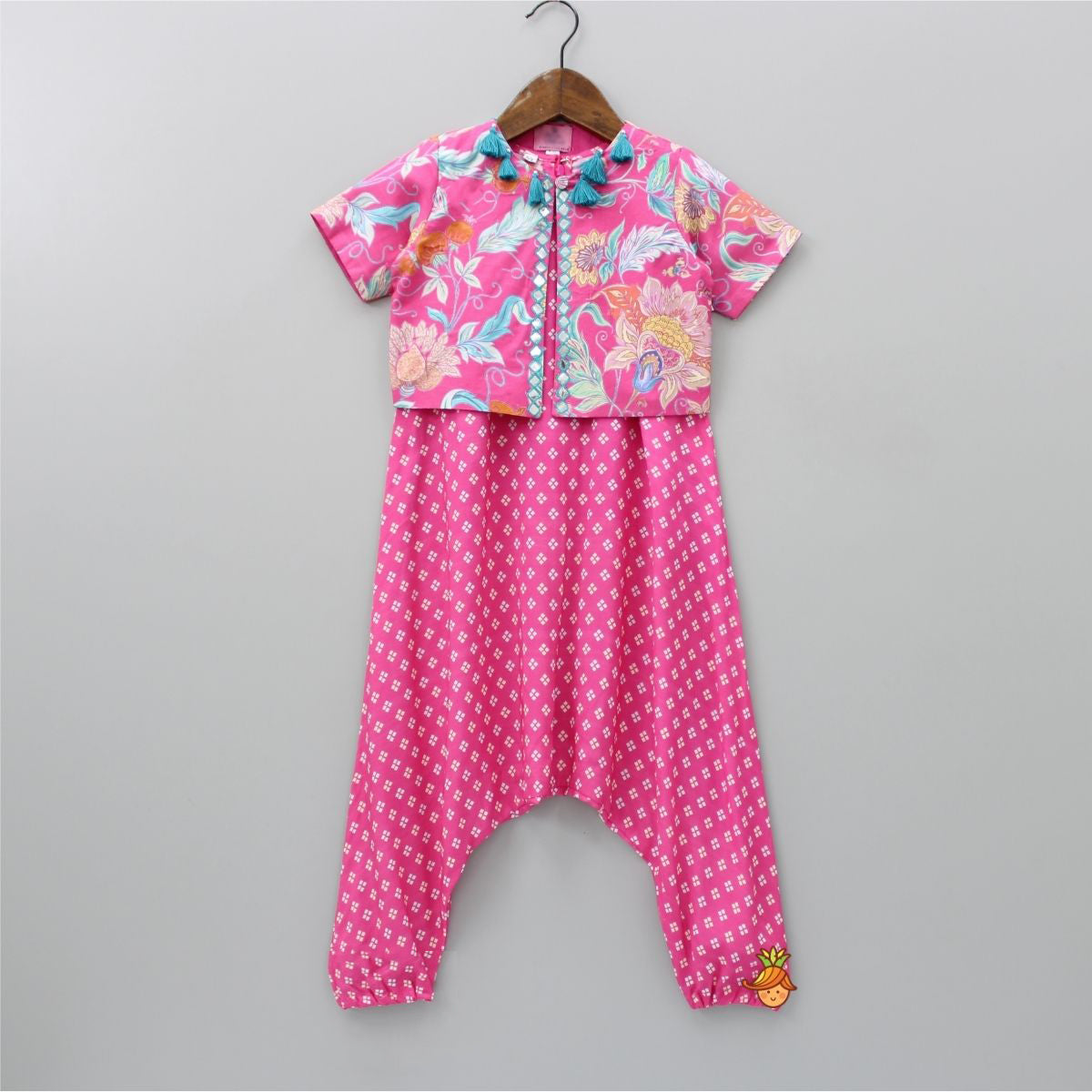 Pre Order: Elasticated Hem Pink Printed Jumpsuit With Short Jacket
