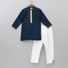 Pre Order: Dark Teal Blue Embroidered Placket Kurta With Brooch Enhanced Jacket And Pyjama