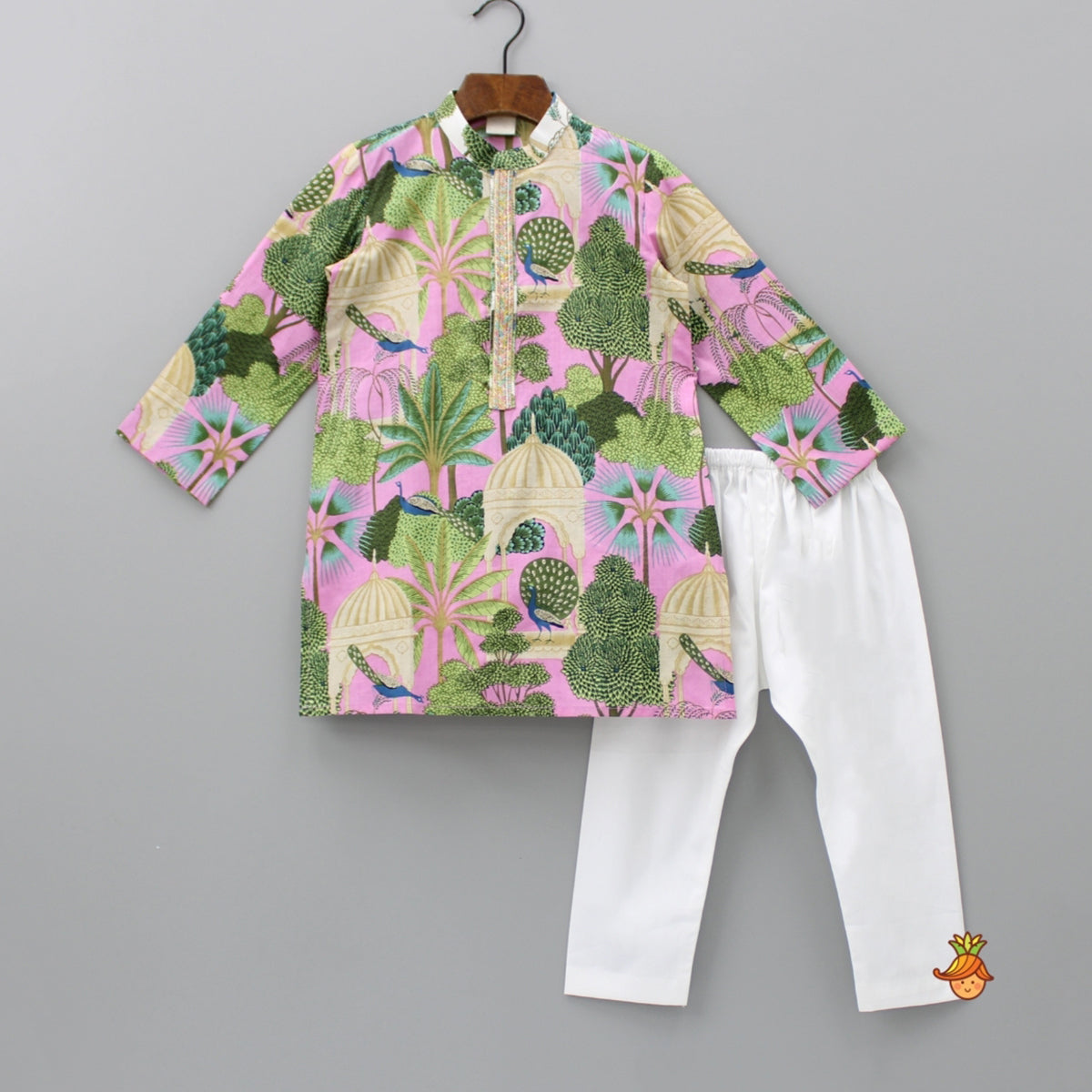 Peacock Printed Cotton Multicolour Kurta And White Pyjama