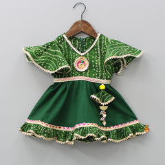 Pre Order: Elegant Green V Neck Bandhani Printed Top And Sharara With Yellow Net Dupatta