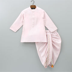 Pre Order: Pink Ethnic Kurta With Diagonal Buttons Detail Jacket And Dhoti