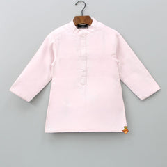 Pre Order: Pink Ethnic Kurta With Diagonal Buttons Detail Jacket And Dhoti