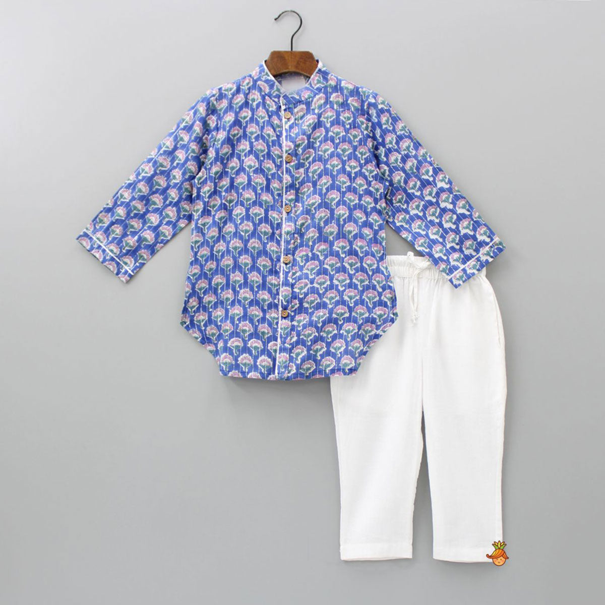 Pre Order: Stylish Cut Out Hem Blue Kurta And Side Pockets Detail White Pyjama