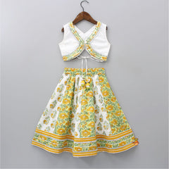Pre Order: Cut Out Hem White Top And Floral Printed Lehenga With Matching Lurex Striped Dupatta