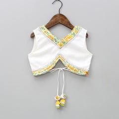 Pre Order: Cut Out Hem White Top And Floral Printed Lehenga With Matching Lurex Striped Dupatta