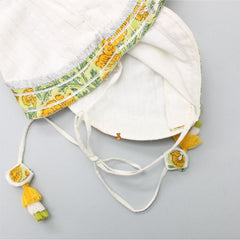 Pre Order: Cut Out Hem White Top And Floral Printed Lehenga With Matching Lurex Striped Dupatta