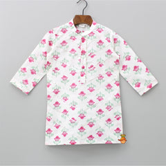 Pre Order: Adorable Floral Printed Mandarin Collar White Kurta And Dhoti