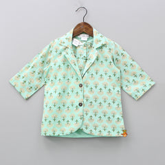 Pre Order: Green Floral Printed Top With Notched Collar Jacket And Pant