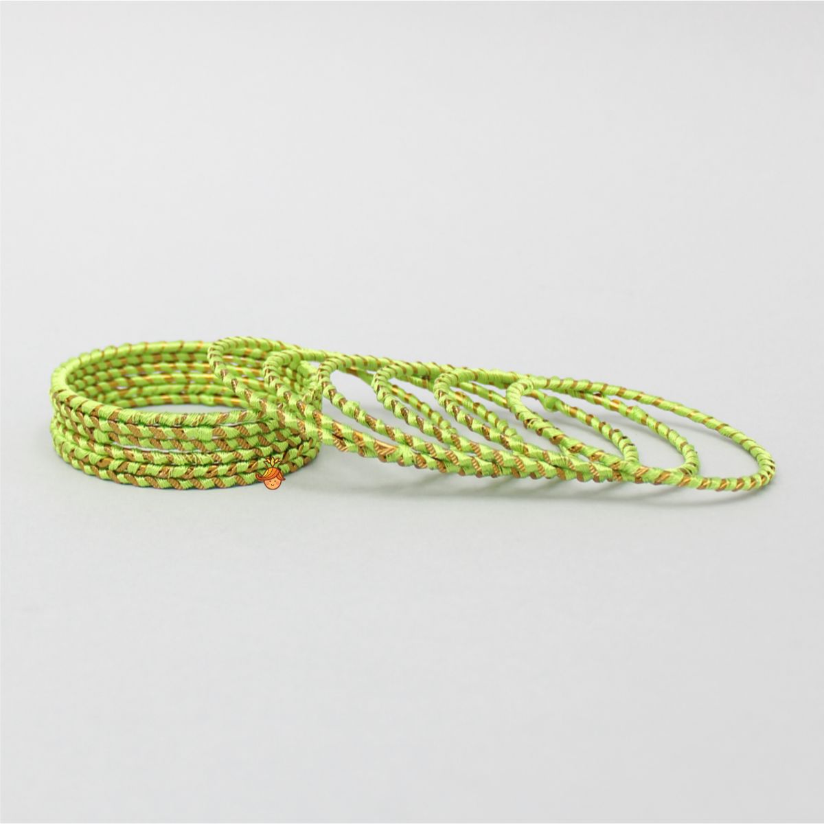 Silk Thread Work Green Iron Bangles - Set Of 12