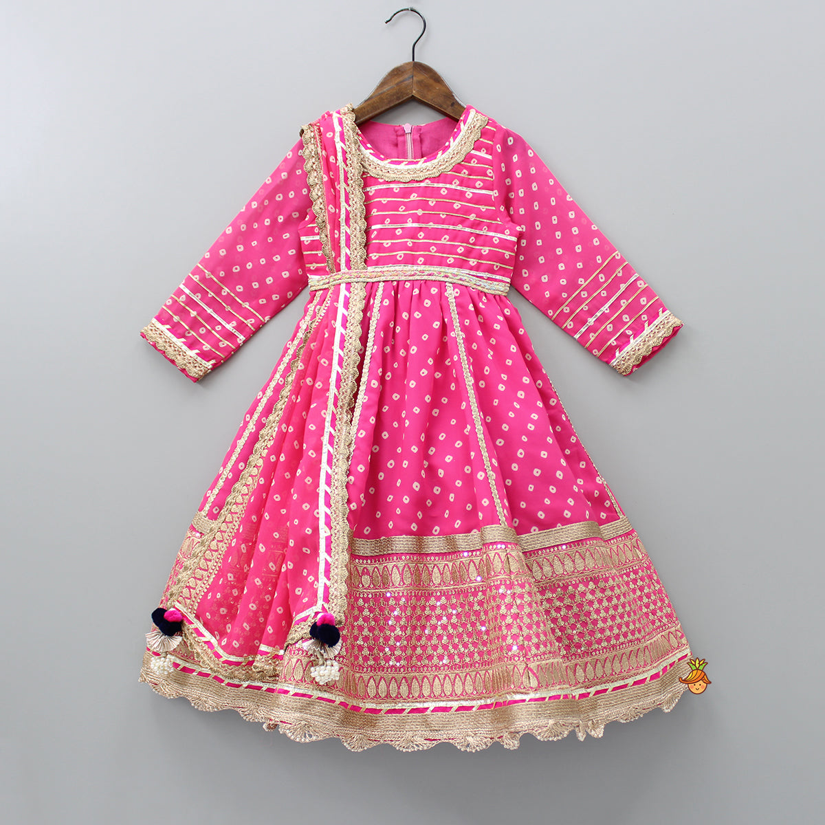 Pre Order: Round Neck Bandhani Printed Pink Anarkali With Attached Dupatta