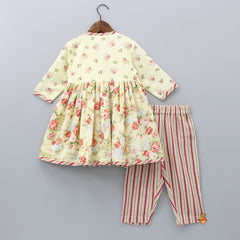 Pre Order: Floral Printed Yellow Angrakha Kurti With Striped Pant