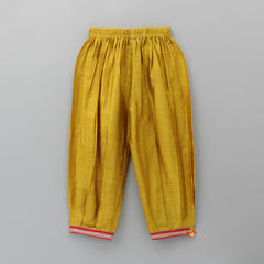 Pre Order: Sleeveless Mustard Printed Top And Pleated Pant With Green Dupatta