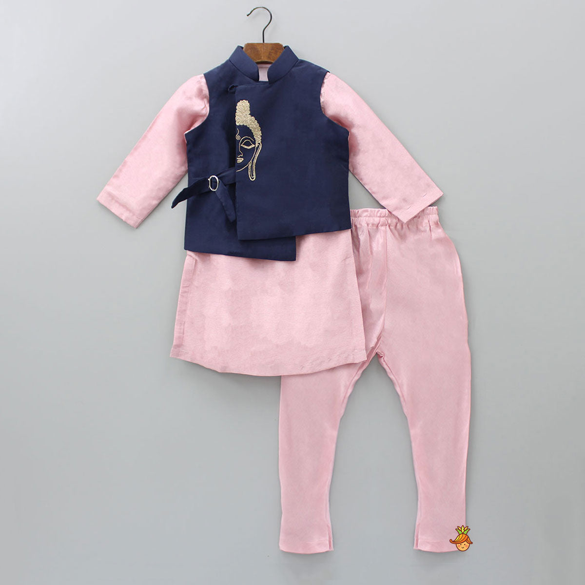 Pre Order: Pink Kurta With Lord Buddha Embroidered Jacket And Churidar