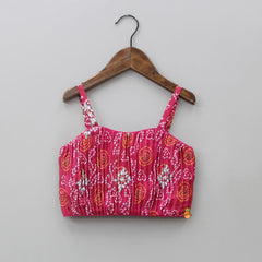 Pleated Pink Bandhani Printed Chinon Top And Lehenga With Gota Lace Work Dupatta