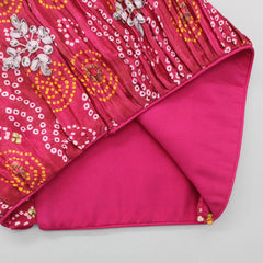 Pleated Pink Bandhani Printed Chinon Top And Lehenga With Gota Lace Work Dupatta