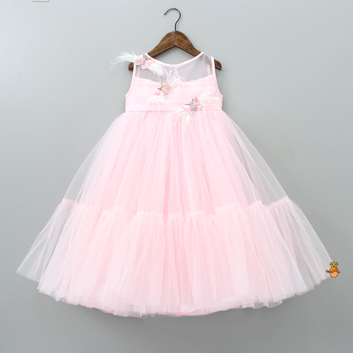 Handmade Butterfly Embroidered Ruffle Pink Net Gown