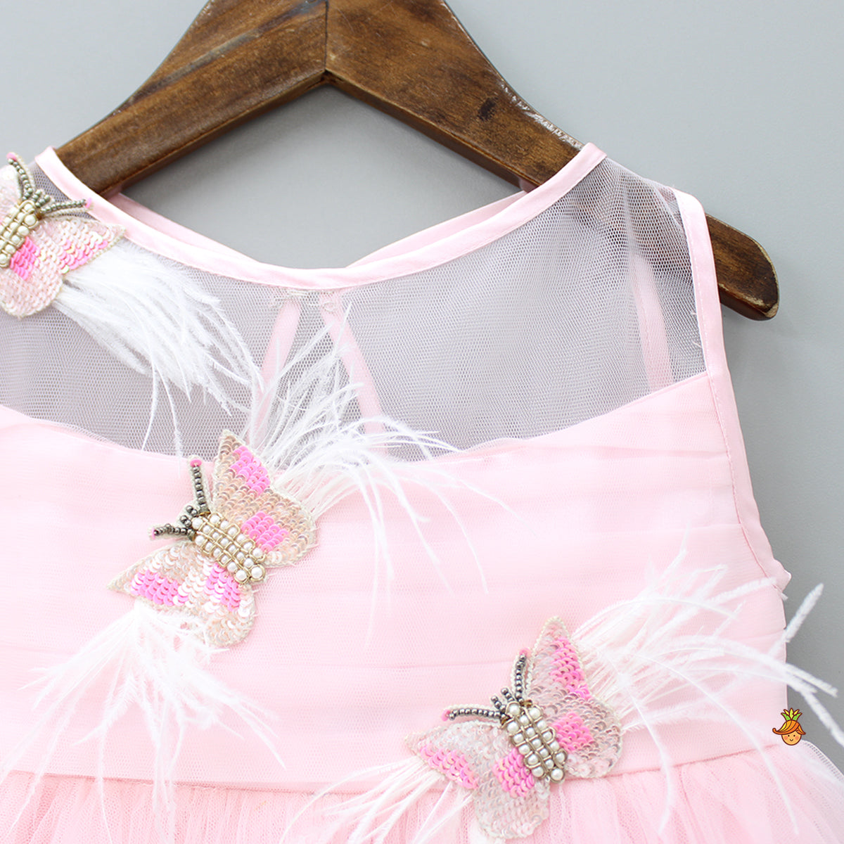 Handmade Butterfly Embroidered Ruffle Pink Net Gown